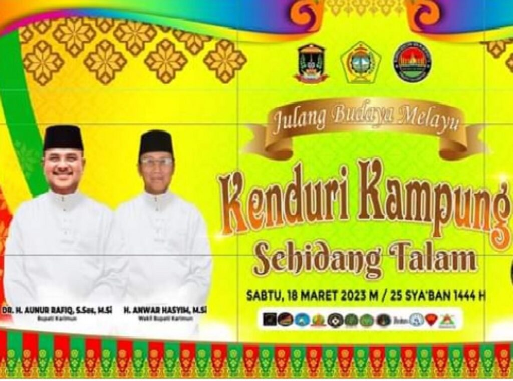 Pemkab Karimun bersama Lembaga Adat Melayu (LAM) Kabupaten Karimun dan Aliansi Boedak Balai Bersatu (ABBB) menggelar acara yang tidak baisa, Kenduri Kampong Sehidang Talam. Kegiatan ini rencananya akan digelar di Halaman Kediaman Dinas Bupati Karimun, Sabtu (18/3/2023). Rencananya kegiatan dibuka pukul 08.00 WIB dengan kewajiban mengenakan pakaian adat Melayu. “Kenduri Kampong Sehidang Talam ini kita gelar dalam rangka menjaga adat dan budaya Melayu. Ini kegiatan yang baik sekali,” ujar Ketua LAM Kabupaten Karimun Muhammad Firmansyah, Jumat (17/3/2023).