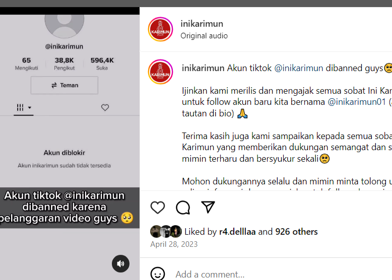 Akun tiktok inikarimun yang dibanner. (ft tangkapan layar instagram inikarimun)