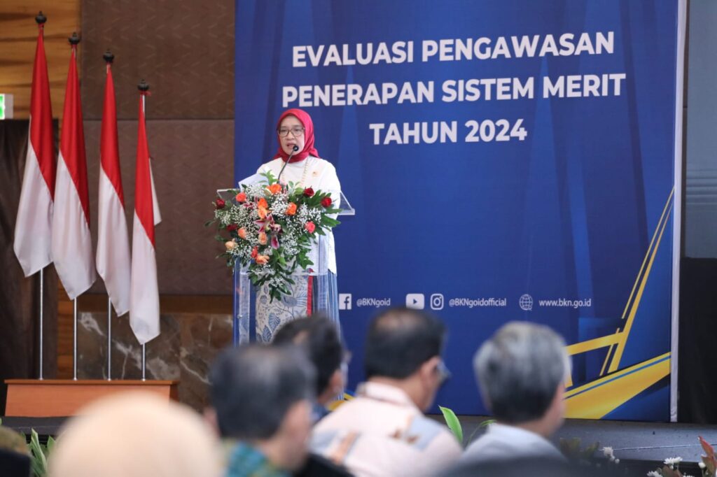 Menteri PANRB Rini Widiyantini dalam acara Penyampaian Hasil Evaluasi Penerapan Sistem Merit di Lingkungan Instansi Pemerintah Tahun 2024 di Jakarta, kemarin. (ft menpanrb)