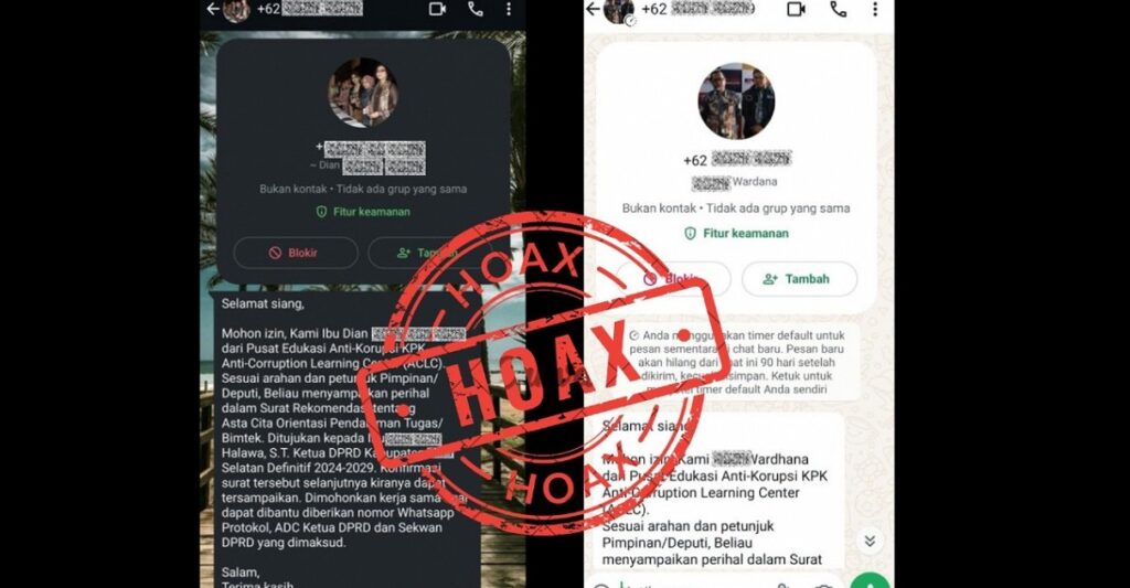 Tangkapan layar pesan WhatsApp terkait penipuan yang mengatasnamakan KPK. (ft infopublik)