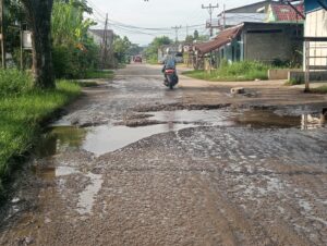 Rusaknya Jalan Pekan Arba, Kecamatan Tembilahan, Kabupaten Indragiri Hilir (Inhil) kini kondisinya kian memprihatinkan. Foto pagi ini. (ft muhamad)