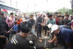 Prosesi penyembelihan sapi kurban Presiden Prabowo di Inhil, pagi kemarin. (ft muhamad)