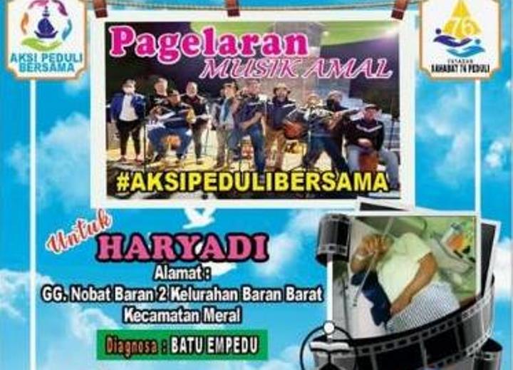 Selain untuk menghibur, aksi pagelaran musik live ini untuk penggalangan dana donasi bagi ananda Haryadi yang didiagnosa menderita baut empedu. Bocah dari keluarga ekonomi lemah itu merupakan warga Gg Nobat Baran II Kelurahan Baran Barat Kecamatan Meral. “Alhamdulillah sebelumnya kami sudah melakukan survey dan silaturrahim ke pihak keluarga dan mendapat Izin langsung dan juga kami melakukan konfirmasi terkait ini,” tulis admin #AksiPeduliBersama di akun media sosial Facebook.