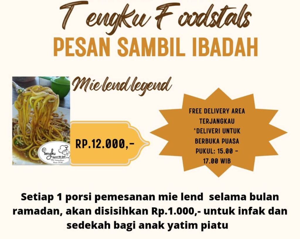 Tengku mengatakan, program ini dibuat agar para customer yang selama tahun 2017 setia memesan mie lend setiap Ramadan dapat ikut bersedekah saat menjalankan ibadah puasa tahun ini. "Program ini dibuat untuk customer dan pelanggan setia kami. Khusus pelanggan sejak tahun 2023 ini, para customer dan langganan kami dapat memesan mie lend kami sambil bersedekah,” ucapnya. Dari dana yang terkumpul, kata Tengku, nanti akan disampaikan klepada anak yatim piatu yang ada di Kabupaten Karimun. “Agar mereka juga bisa merasakan keberkahan di Bulan Ramadan ini,” jelasnya.