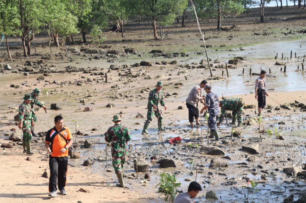 TNI-Polri menanam mangrove di pantai Pelawan dalam rangka HUT Bhayangkara ke-77. (ft yud)