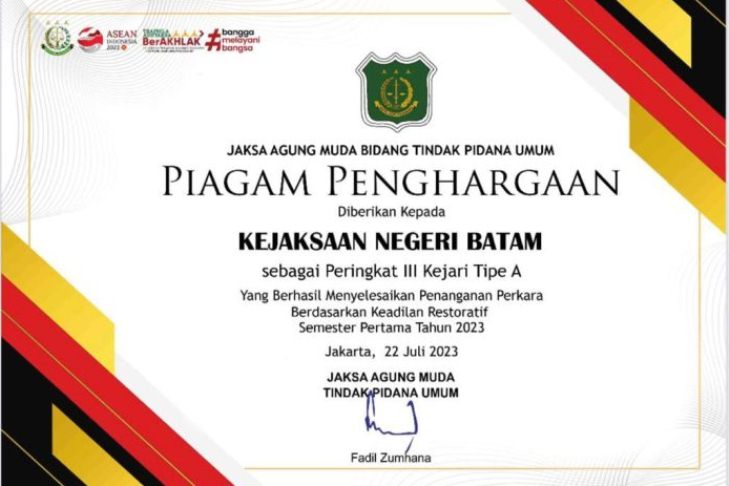 Restoratif Justice Kejaksaan Negeri Batam Diganjar Juara 3 Nasional