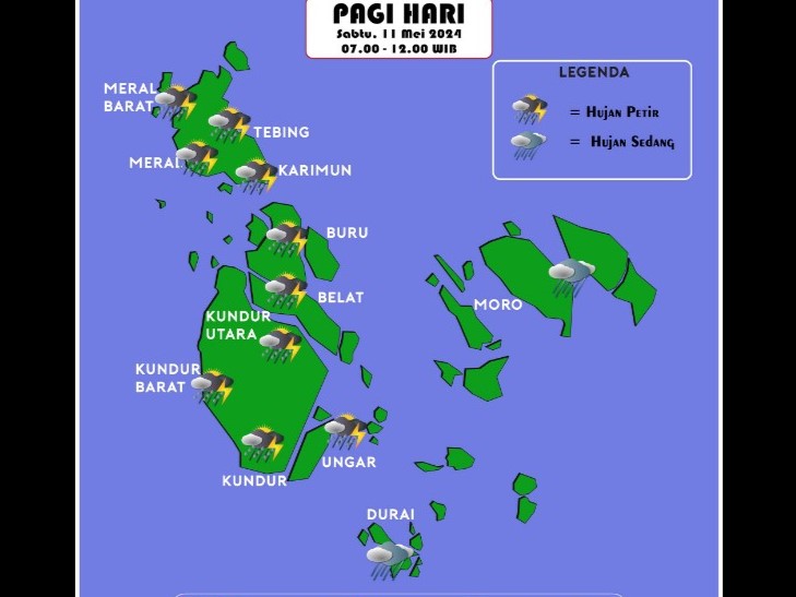 11 Mei 2024, BMKG Prediksi Hujan Petir Landa 11 Kecamatan di Kabupaten Karimun