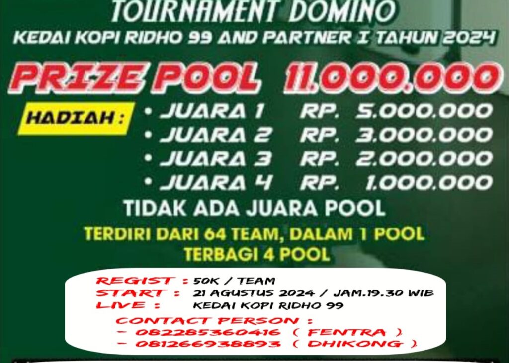 Flyer turnamen domino Kedai Kopi Ridho 99. (ft kedaikopi99)