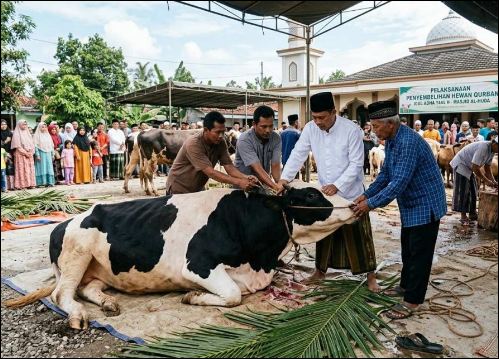 Prosesi pemotongan hewan kurban di Lingga, beberapa waktu lalu. (ft wandi)