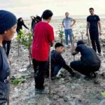 Siswa Singapura dan warga di sela kunjungan wisatanya menanam bakau, kemarin. (ft kominfotpi)